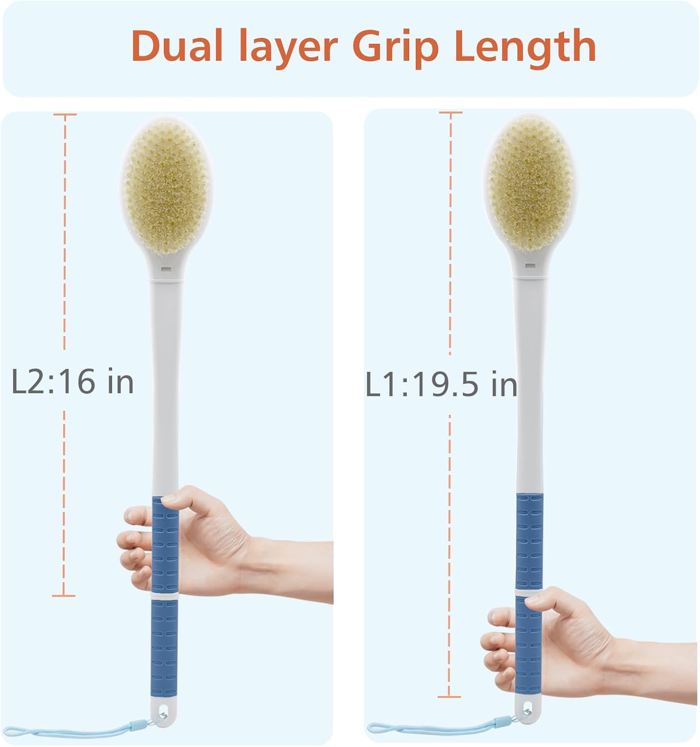 Shower Brush with Soft and Stiff Bristles,Long Handle Dual-Sided Back Scrubber Bath Brush Body
