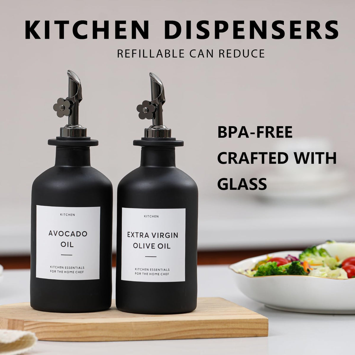 HOMCDALY Olive Oil Dispenser for Kitchen, 11.8oz Glass Kitchen Dispenser Bottle, Black Oil&Vinegar