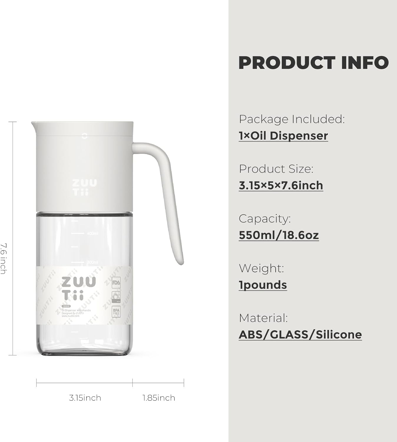 Zuutii Olive Oil Dispenser Bottle 18.6oz – Auto Flip Glass Vinegar Bottle with No-Drip Spout for