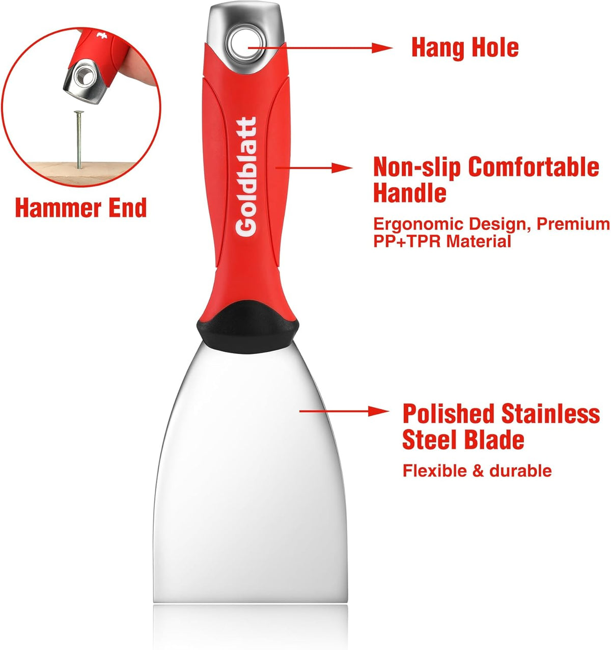 Goldblatt 3" Putty Knife, Stainless Steel Scraping Paint, Putty Knife Scraper with Hammer End, Soft