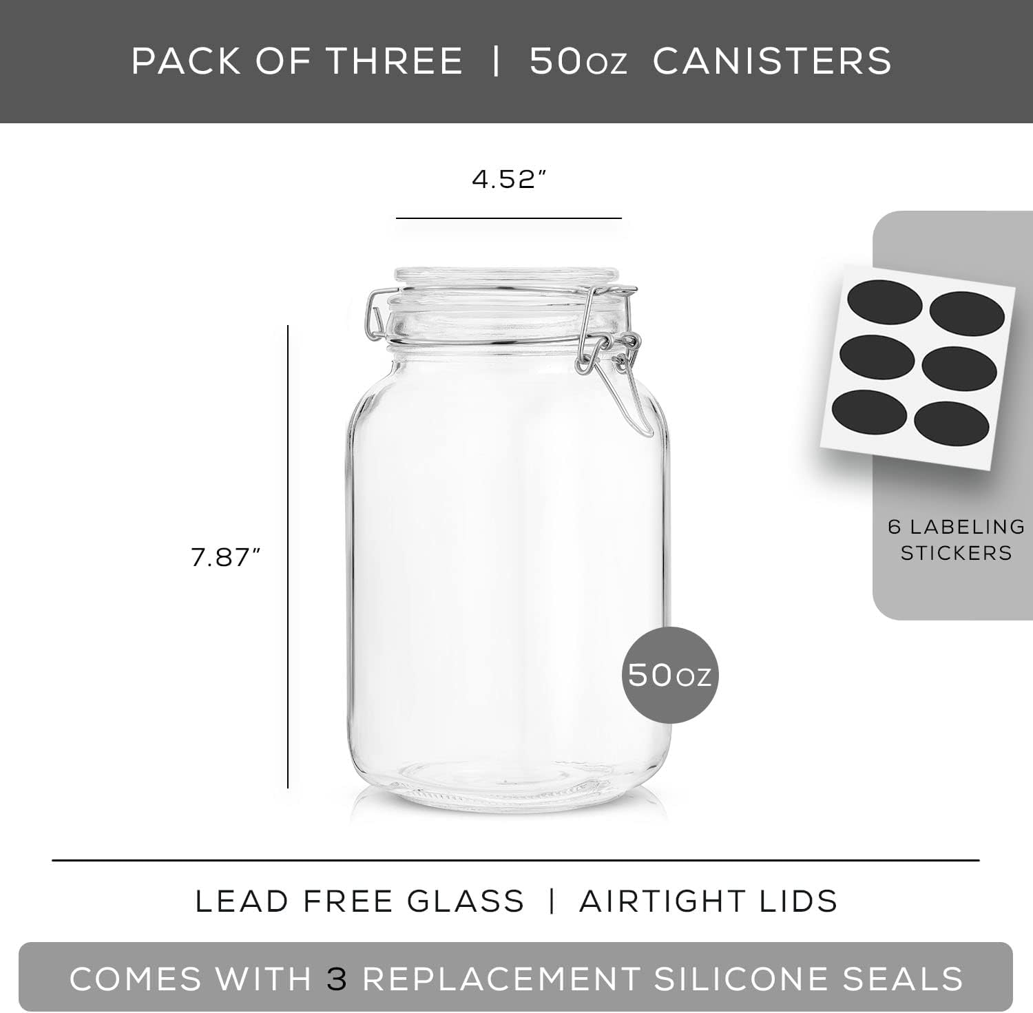 Airtight Glass Jars with Lids Set of 3. 50oz Glass Jar with Lid and 6 Silicone Seals! Med Glass