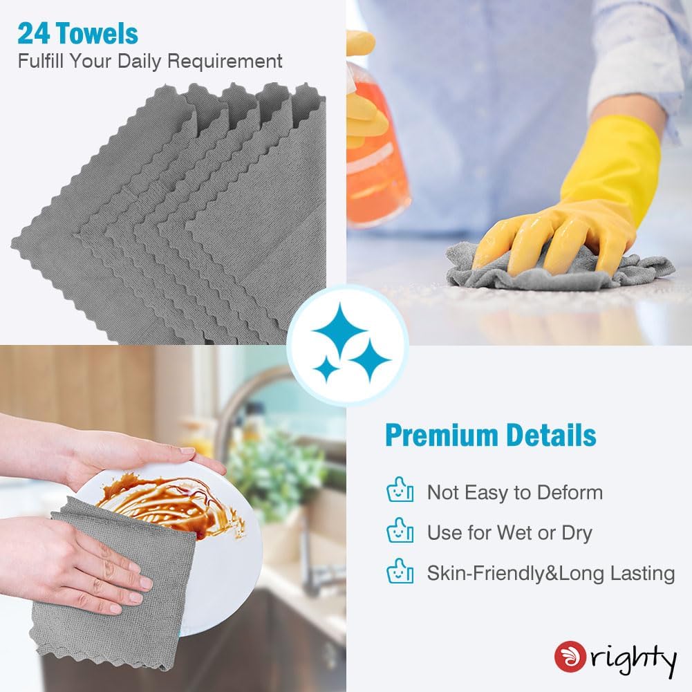 Orighty Cleaning Cloths 12x12 inch, Pack of 24, Highly Absorbent Microfiber Cleaning Supplies, Lint