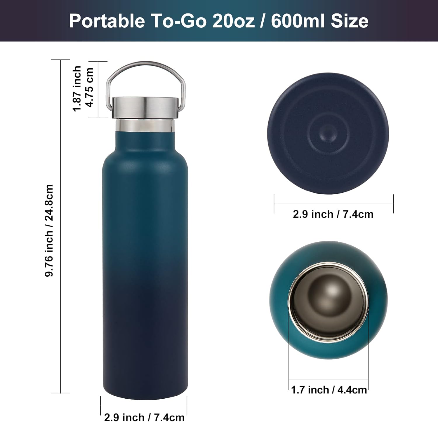 Neihepal 20 oz Insulated Water Bottles Bulk 4 Pack,Stainless Steel Double Wall Sport Bottle with