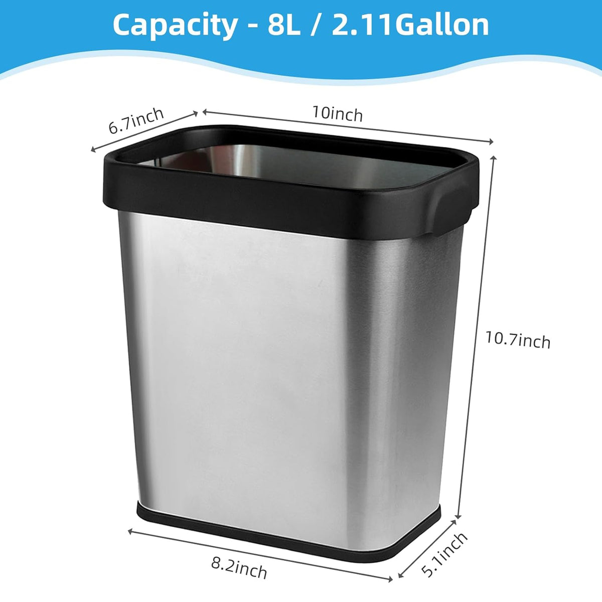 2 Pack Stainless Steel Trash Can 2 Gallon, Open Top Trash Can, 7" x 10" x 11", Rectangle Rubbish