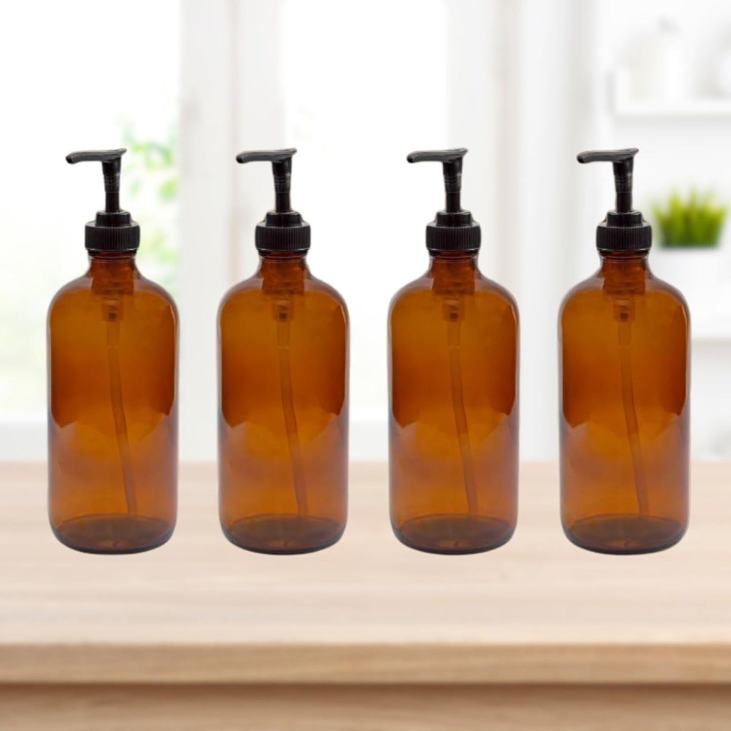 Cornucopia 8oz Glass Pump Bottles (4-Pack, Amber Brown), Lotion Soap Dispensers w/Black Plastic