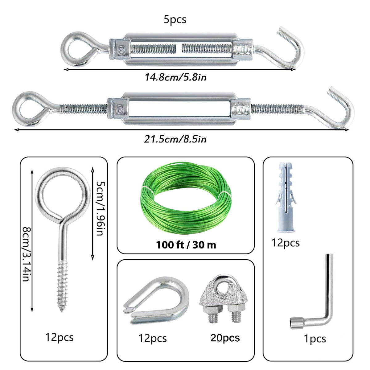 100 Ft Turnbuckles for Cables Wire, 3/16" Green PVC Coated Wire Rope Kit, Multi-use Steel Cable for