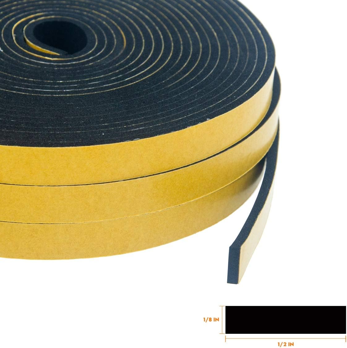 Foam Seal Tape 3-Pack, 1/2 Inch Wide X 1/8 Inch Thick, Neoprene Rubber Weather Stripping for Door