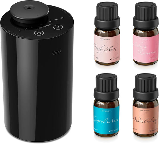Airversa Waterless Essential Oil Diffuser Starter Kit with 4 x 10mL Fragrance Scent Oil, Battery