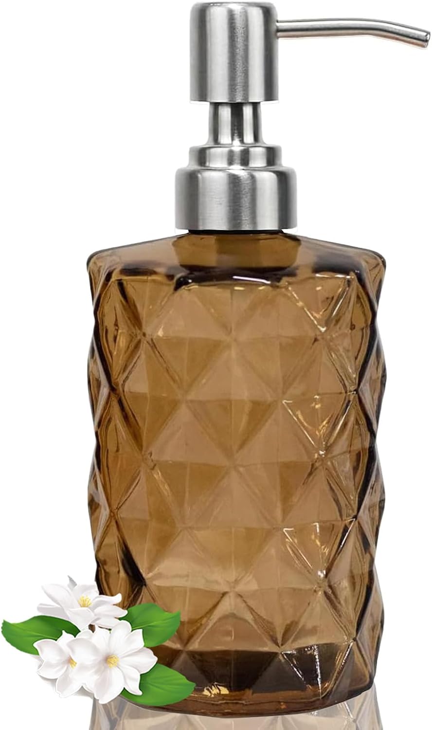 12Oz Brown Glass Soap Dispenser with Stainless Steel Pump, Refillable Kitchen Liquid Hand Soap