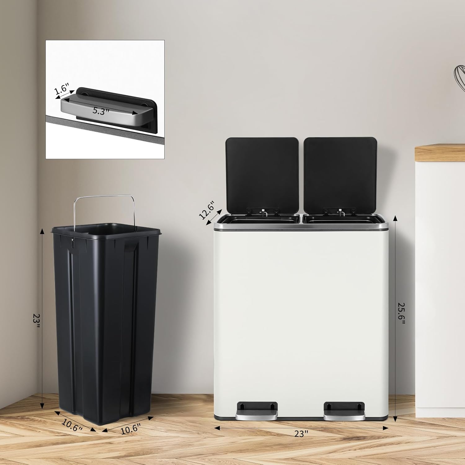 16 Gallon Rectangular Stainless Steel Trash Can, Dual Compartment Garbage Bin with Recycling Combo