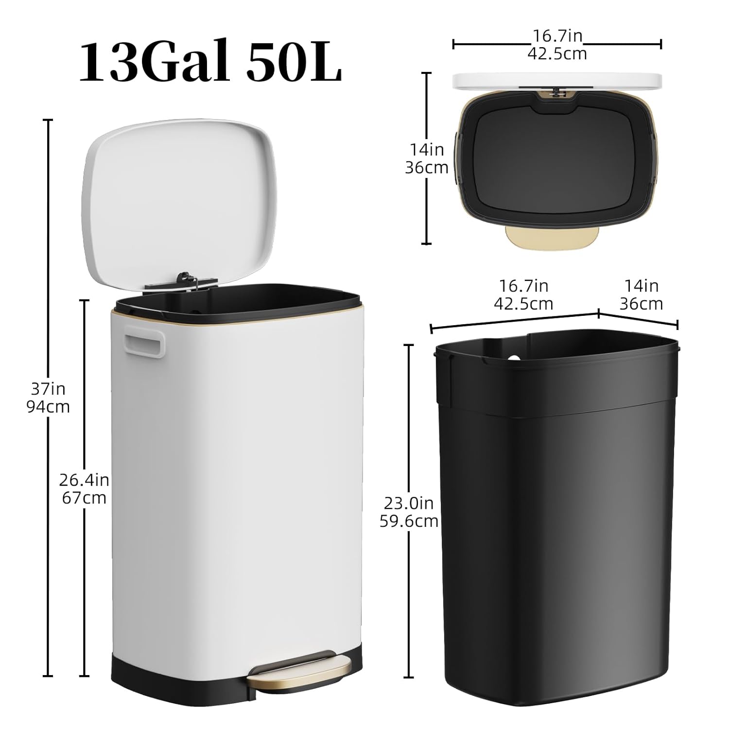 13 Gallon Trash Can with Lid, 50L Fingerprint Proof Stainless Steel Kitchen Trash Can with