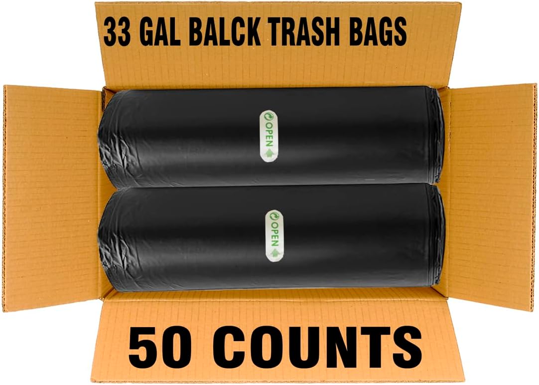33 Gallon Trash Bags, 50 Count, Black Garbage bags, Multi-purpose Trash Can Bin Liners for Home