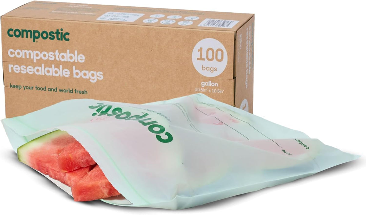 Compostic Home Compostable Resealable Gallon Bags (10.5"x10.5"), Microwave & Freezer Safe, Organic
