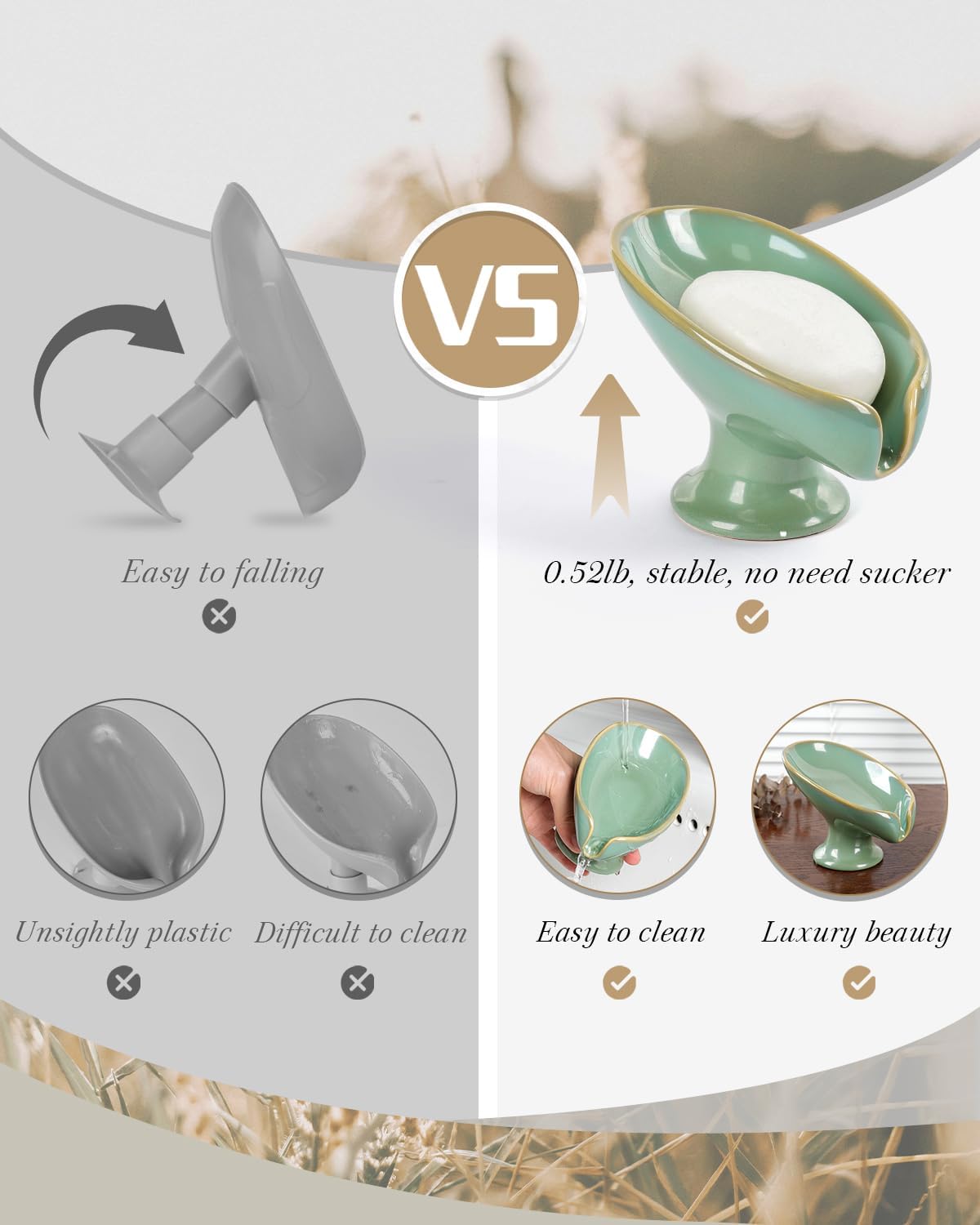 Soap Dish, Self Draining Bar Soap Holder for Bathroom Sink, Leaf Shaped Drainage Ceramic Mint Green