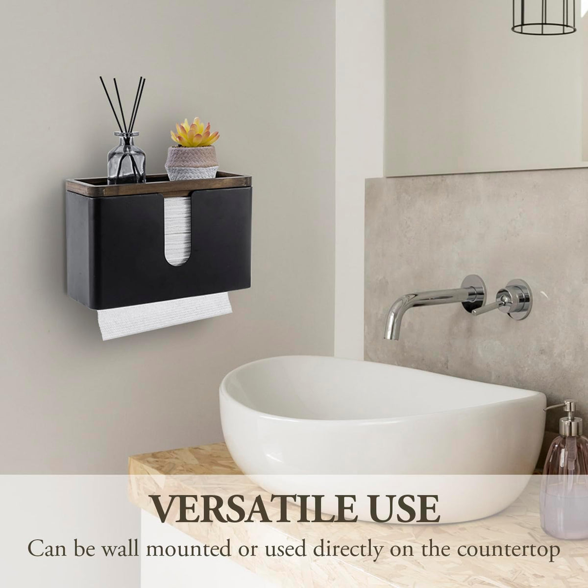 MyGift Deluxe Modern Matte Black Metal Folded Commercial Paper Towel Holder with Rustic Burnt Solid