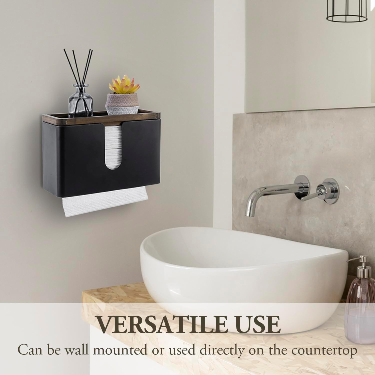 MyGift Deluxe Modern Matte Black Metal Folded Commercial Paper Towel Holder with Rustic Burnt Solid