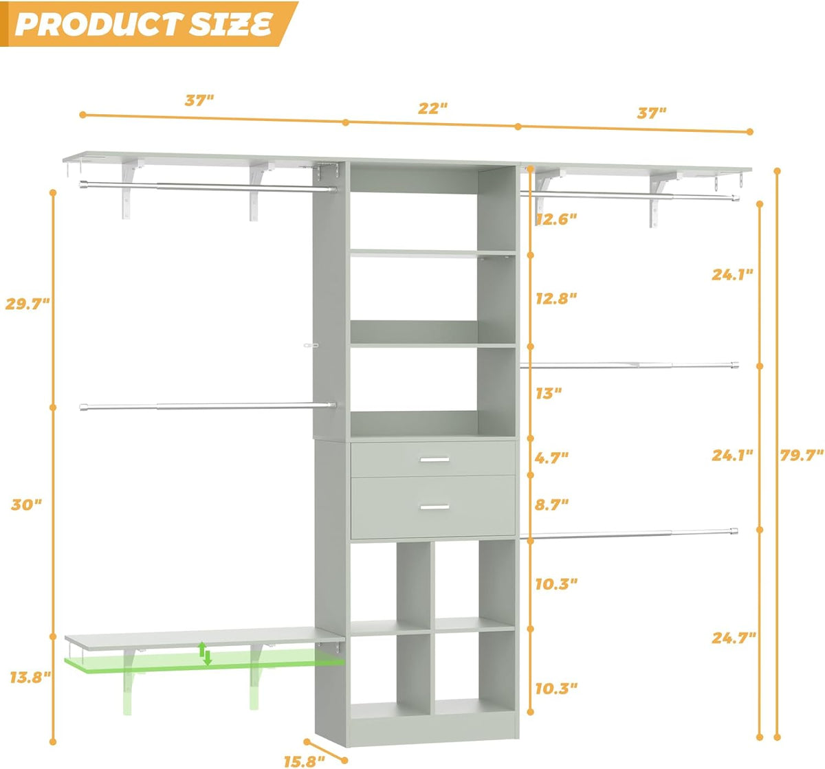 Closet System - 4.75-8FT Closet Organizer System with Wooden Drawers & Cube Storage Organizer, Up