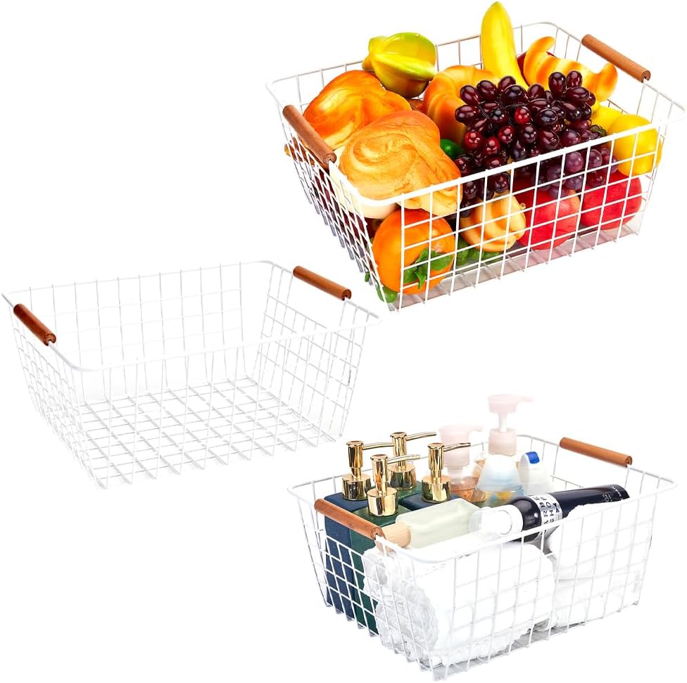 LeleCAT Large white wire baskets with Wooden Handles for storage pantry, Storage Organizer Baskets