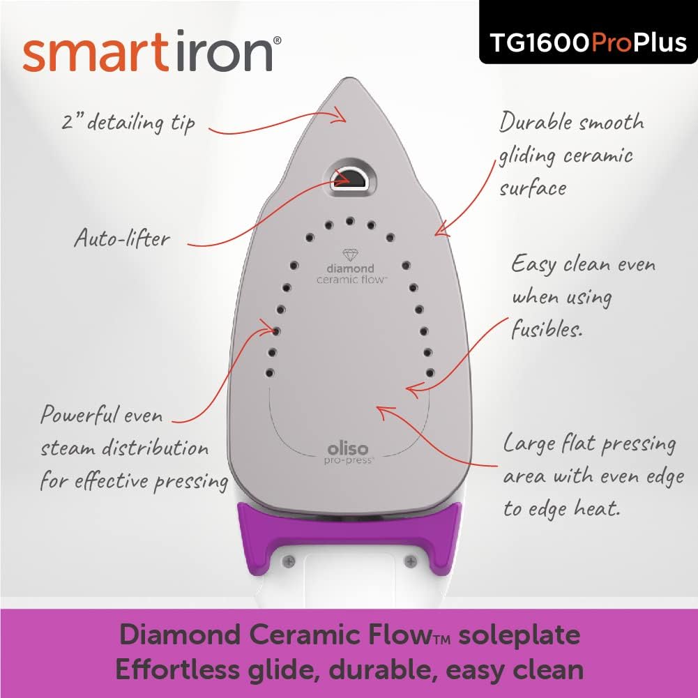 oliso TG1600 ProPlus Smart Iron with Auto-Lift – 1800 Watt Steam Iron for Clothes, Sewing, Quilting