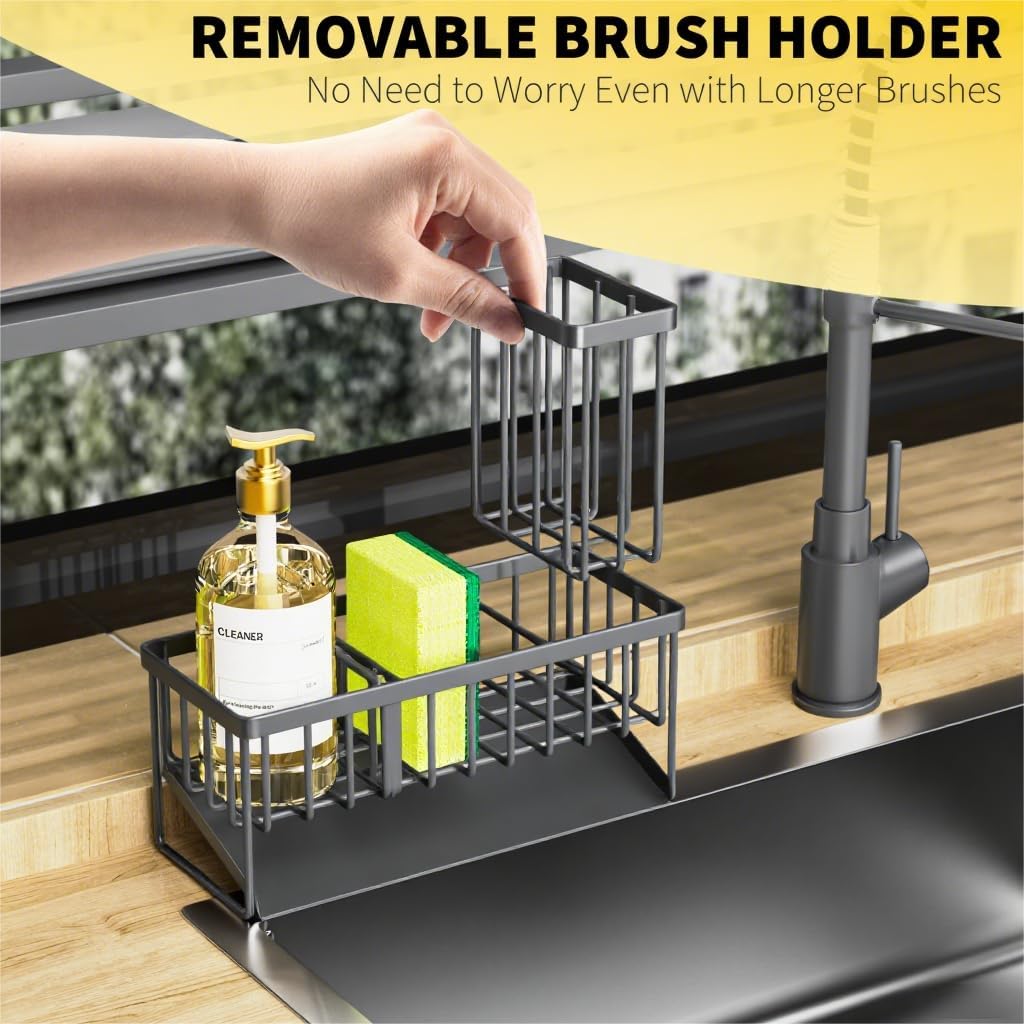 Cisily Sink Caddy Organzier with High Brush Holder, Sponge Holder for Sink, 304 Rustproof