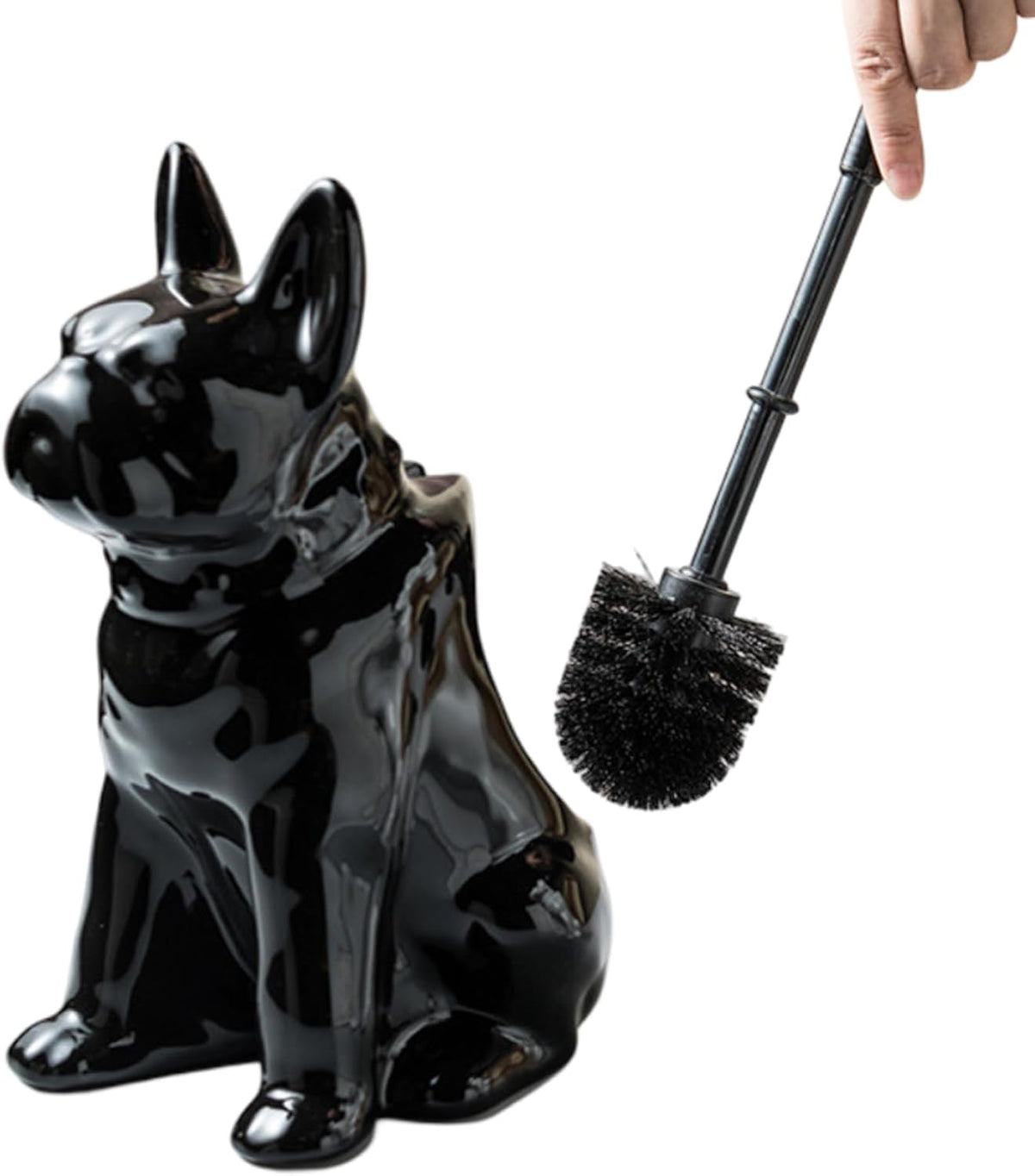 Comeon Ceramic Dog White/Black Toilet Brush and Holder Set, Plastic Handled Scrub Brush for