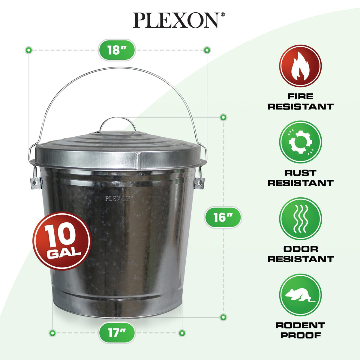 Plexon 10 Gallon Trash Can with Lid Outdoor Galvanized Metal Bucket with Locking Lid for Poultry