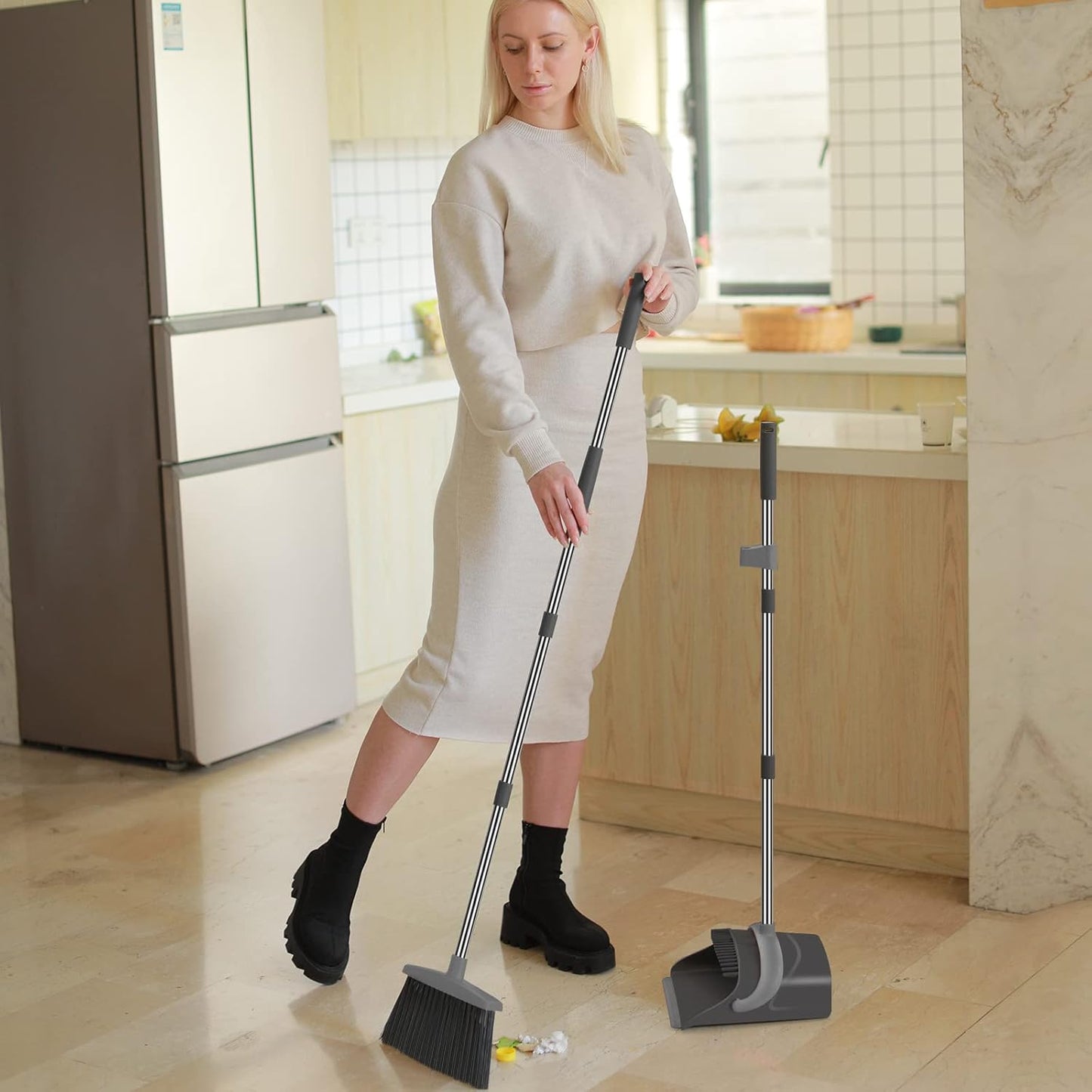 Broom and Dustpan Set, Dust pan with Long Handle, Broom with Dustpan Combo Set, Broom and Dustpan