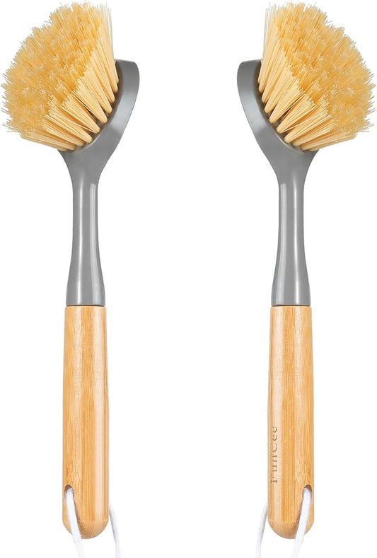 2 Pack Dish Brushes with Bamboo Handle, Kitchen Dish Scrubber Built-in Scraper, Scrub Brush for