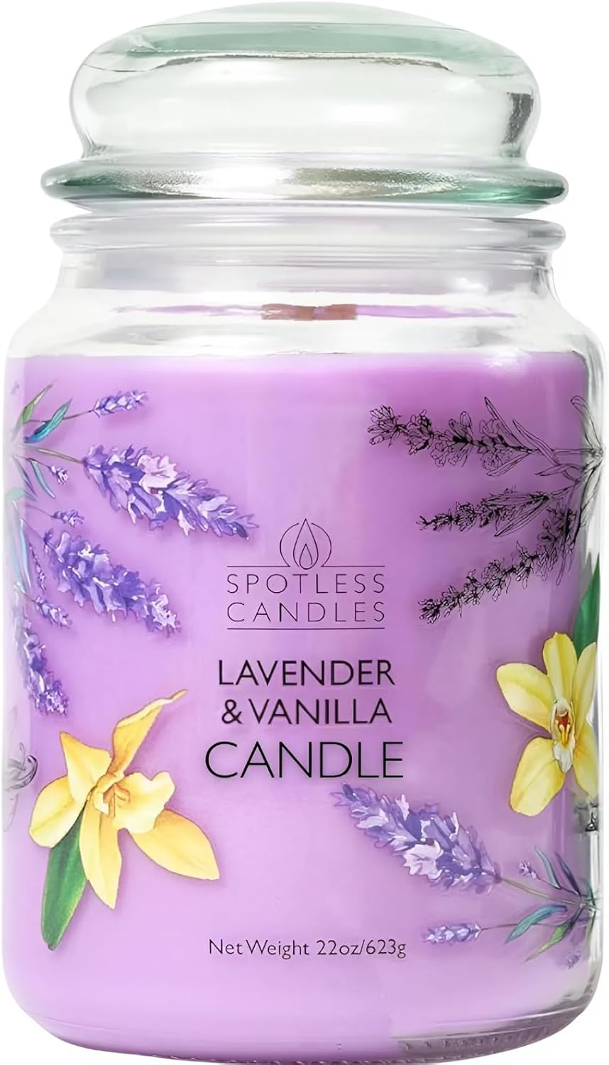 Vanilla & Lavender Candle 22oz Glass Jar with Wooden Wick in a Decorated Jar Within a Presentation