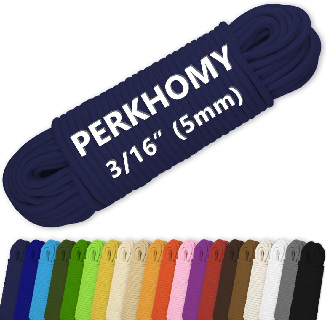 PerkHomy Cotton Rope 3/16" (5mm) 100 ft Multi Purpose Utility Diamond Braided Cord, Natural Cotton