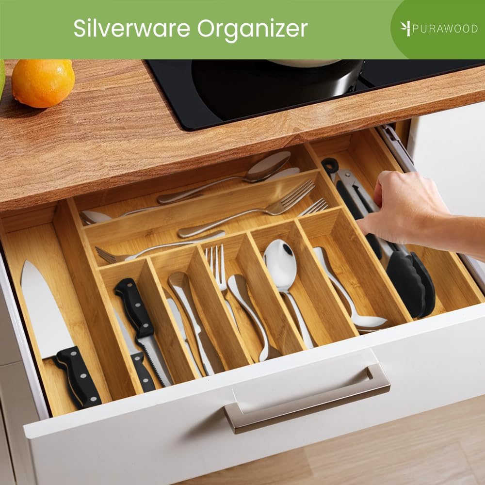 Bamboo Drawer Organizer, 2 Pack - Expandable Silverware Organizer & Utensil Drawer Organizer