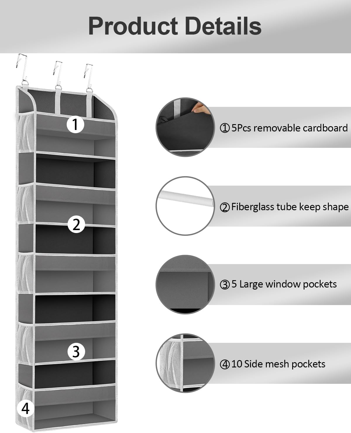 2 Pack Over The Door Storage Organizer with 5 Pockets 10 Mesh Side Pockets, 44 lbs Weight Capacity