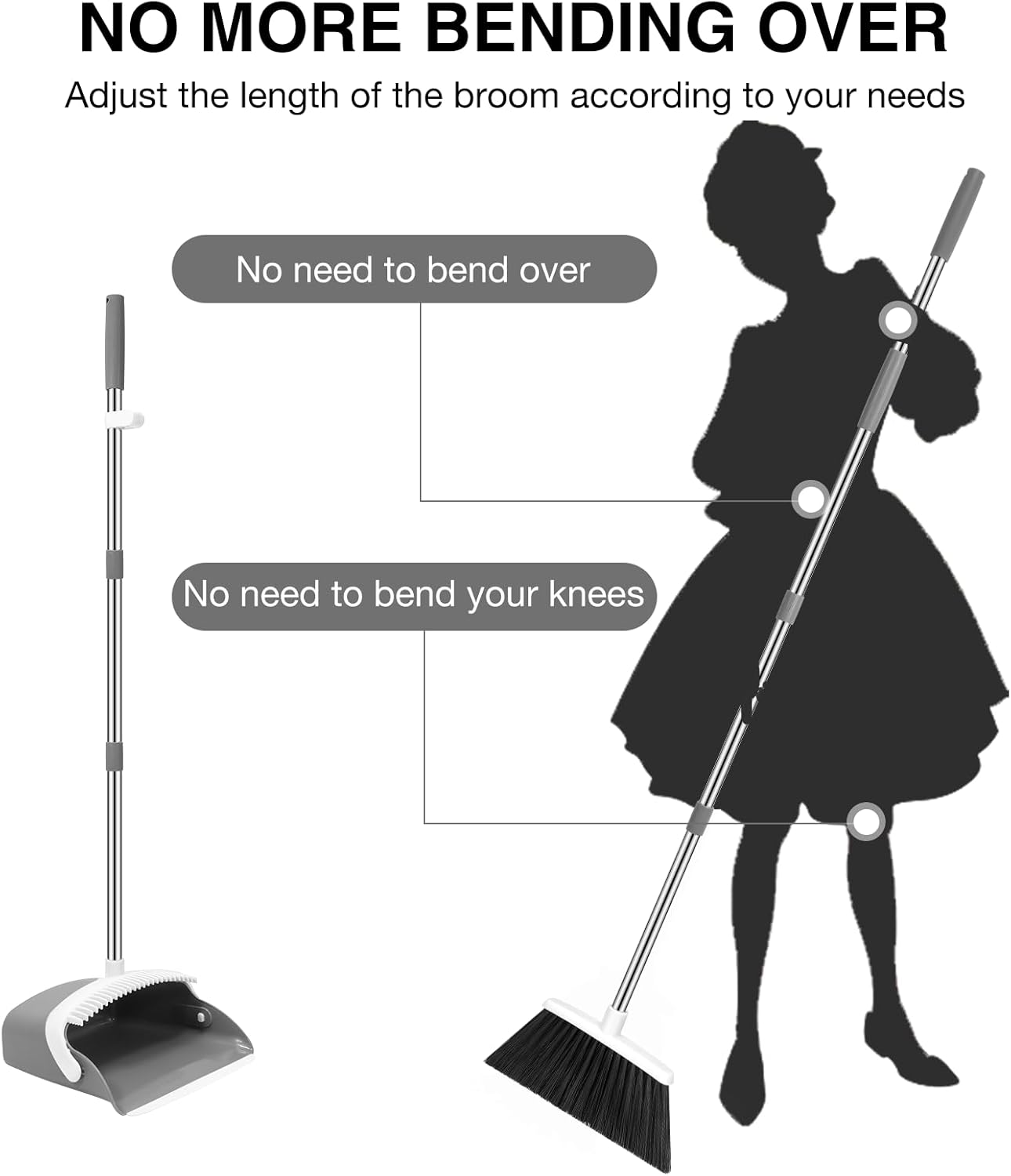 NACENA Broom and Dustpan Set, 52-in Long Adjustable Handle Broom Dustpan Combo with Dustpan Teeth