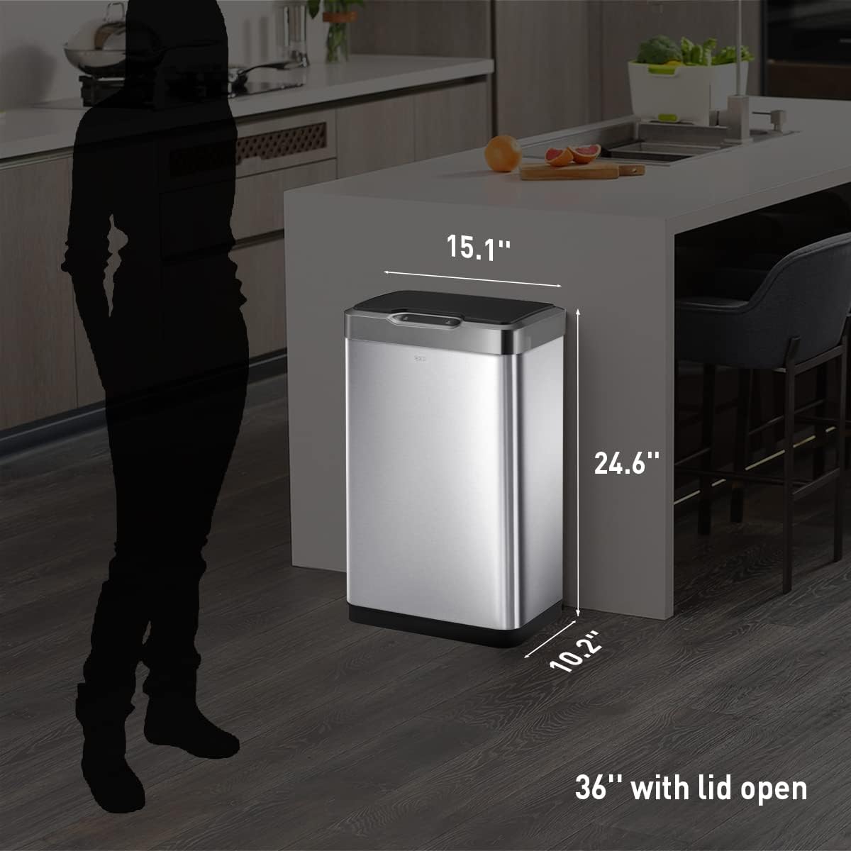 EKO Mirage-T 50 Liter / 13.2 Gallon Touchless Rectangular Motion Sensor Trash Can, Brushed