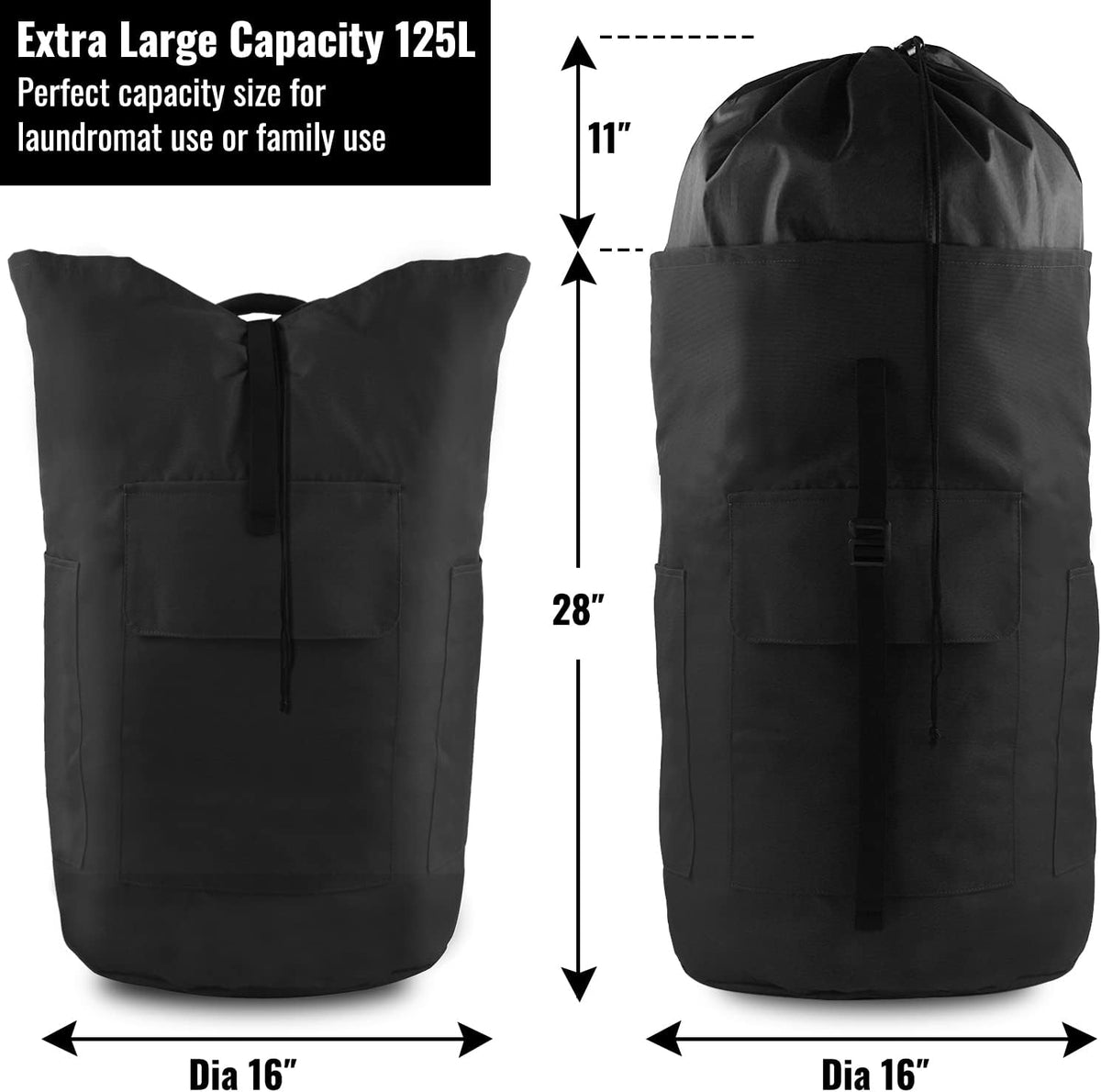 Laundry Bag Backpack, 125L, Extra Large with Shoulder Straps, Adjustable & Extendable Design