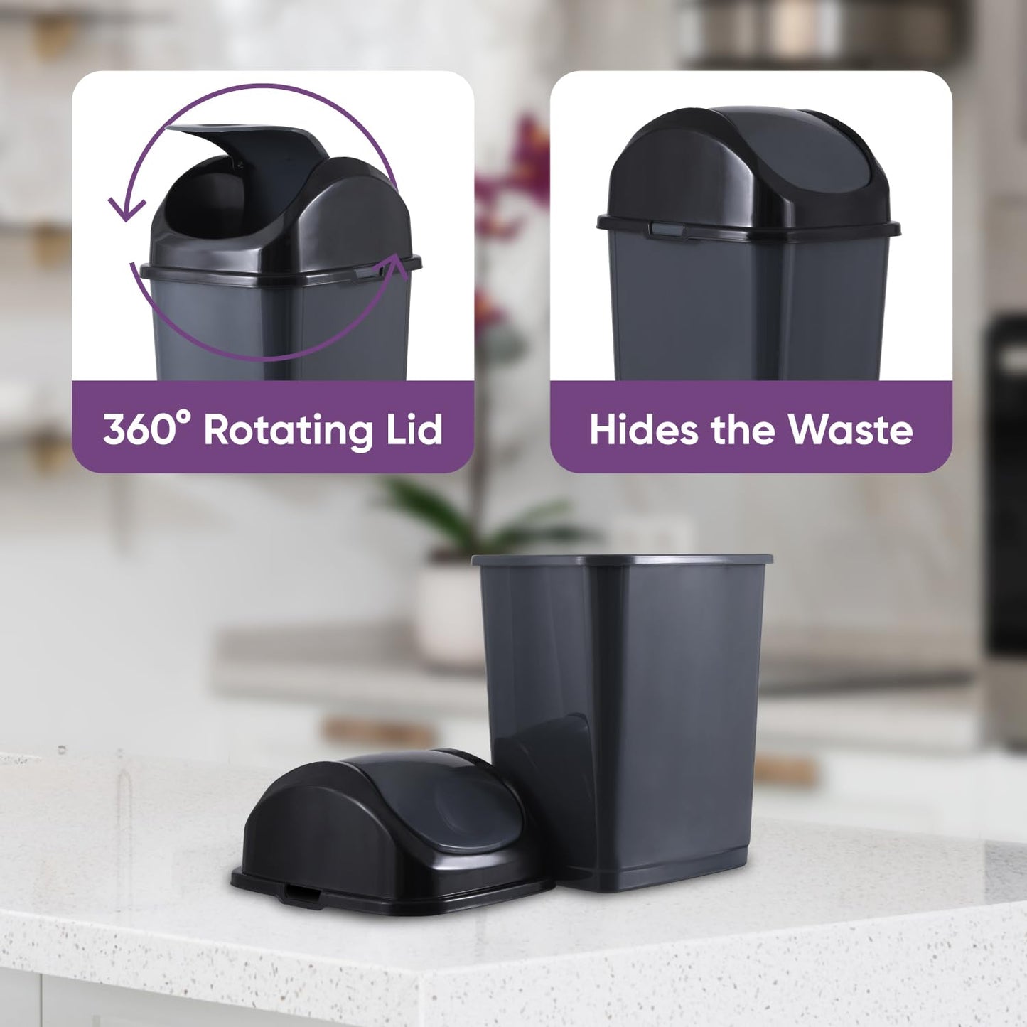 Superio Small 2.5 Gallon Plastic Trash Can with Swing Top Lid, Compact Slim Waste Bin for Under
