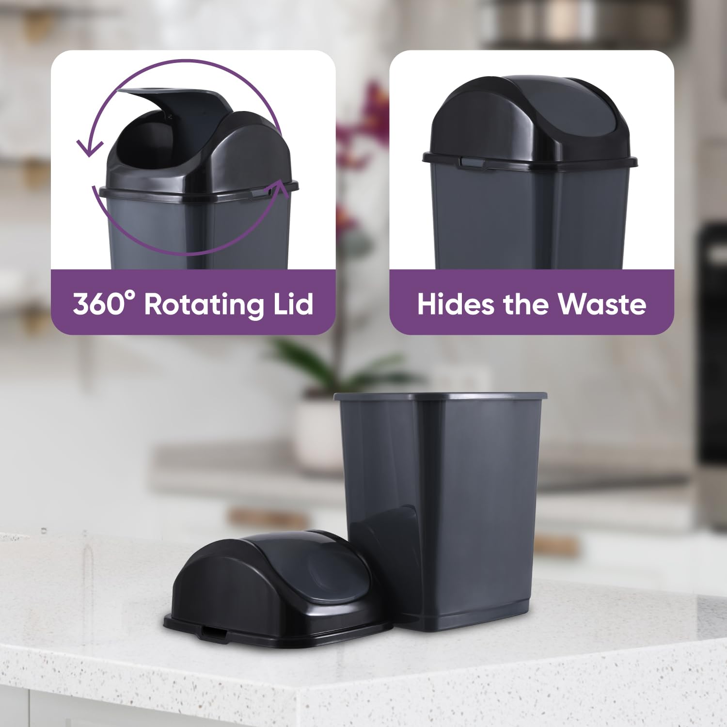 Superio Small 2.5 Gallon Plastic Trash Can with Swing Top Lid, Compact Slim Waste Bin for Under