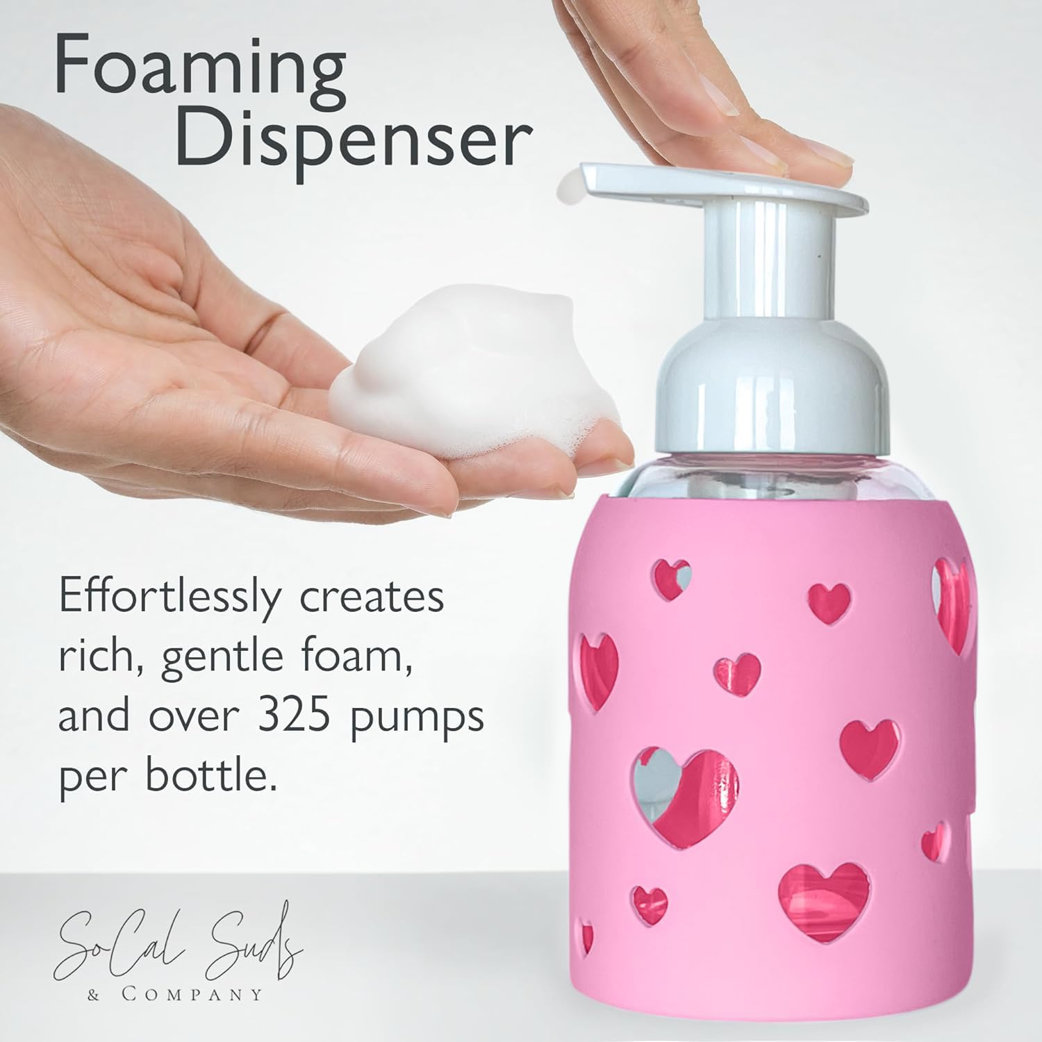 SoCal Suds & Company Glass Foaming Hand Soap Dispenser, Heart Silicone Sleeve, Refillable Pump
