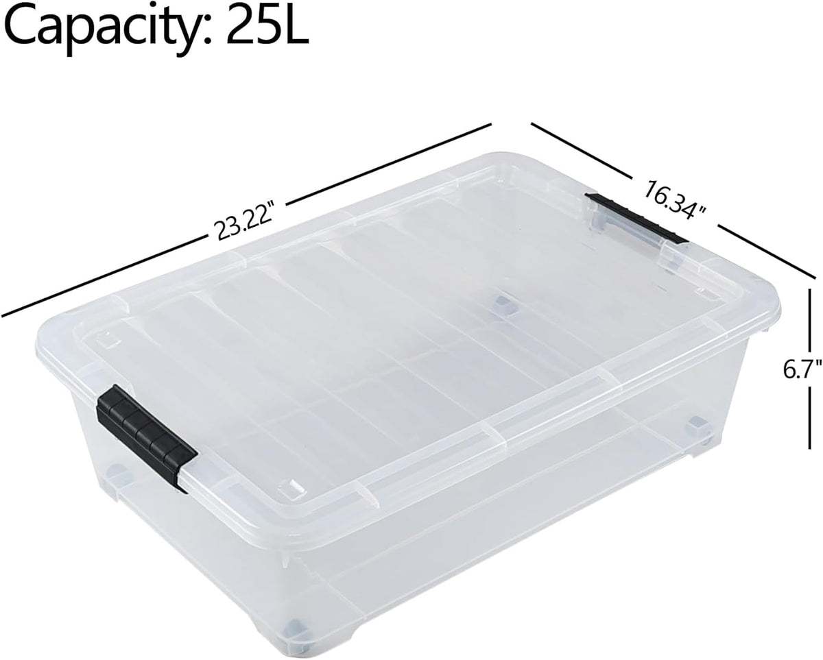 25 L Plastic Sturdy Rolling Under Bed Storage Container Bins, Clear Underbed Storage with Latching