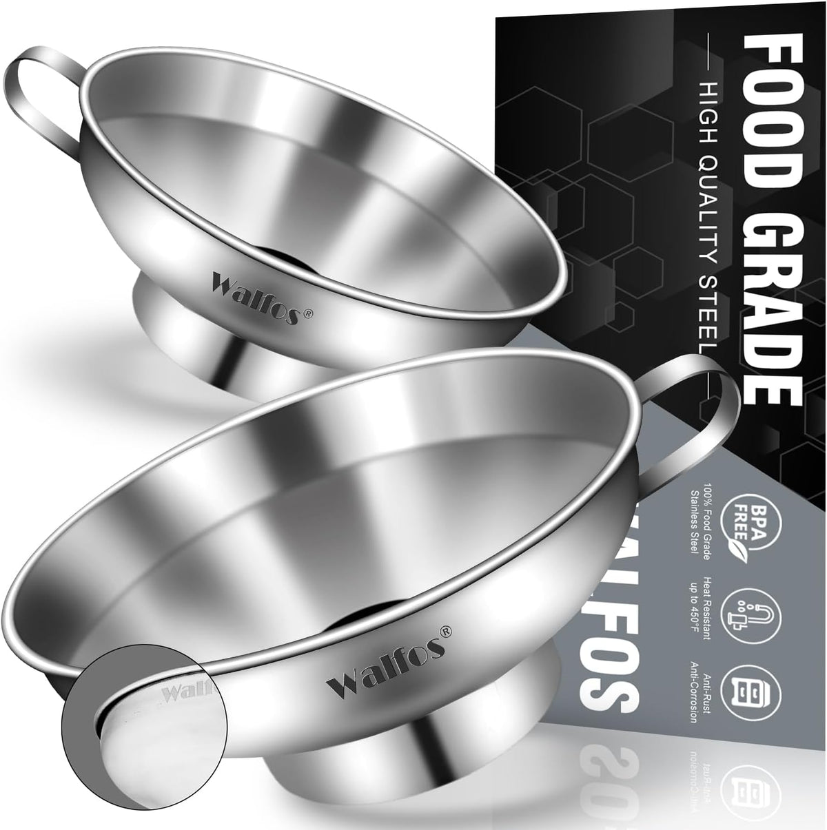 Walfos 2 Pack (4in & 5.5in) Stainless Steel Wide-Mouth Funnel with Handle for Wide and Regular