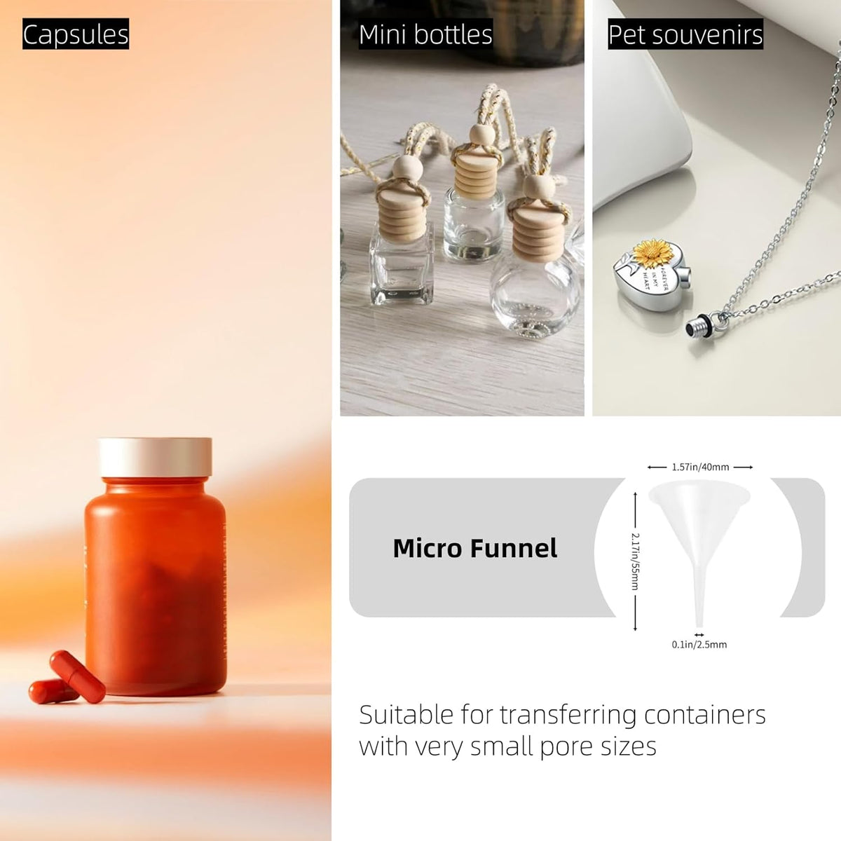9 Pack Small Funnel Kit 3 Sizes w/Droppers for Kitchen Bottles, Essential Oils, Capsules & Pet