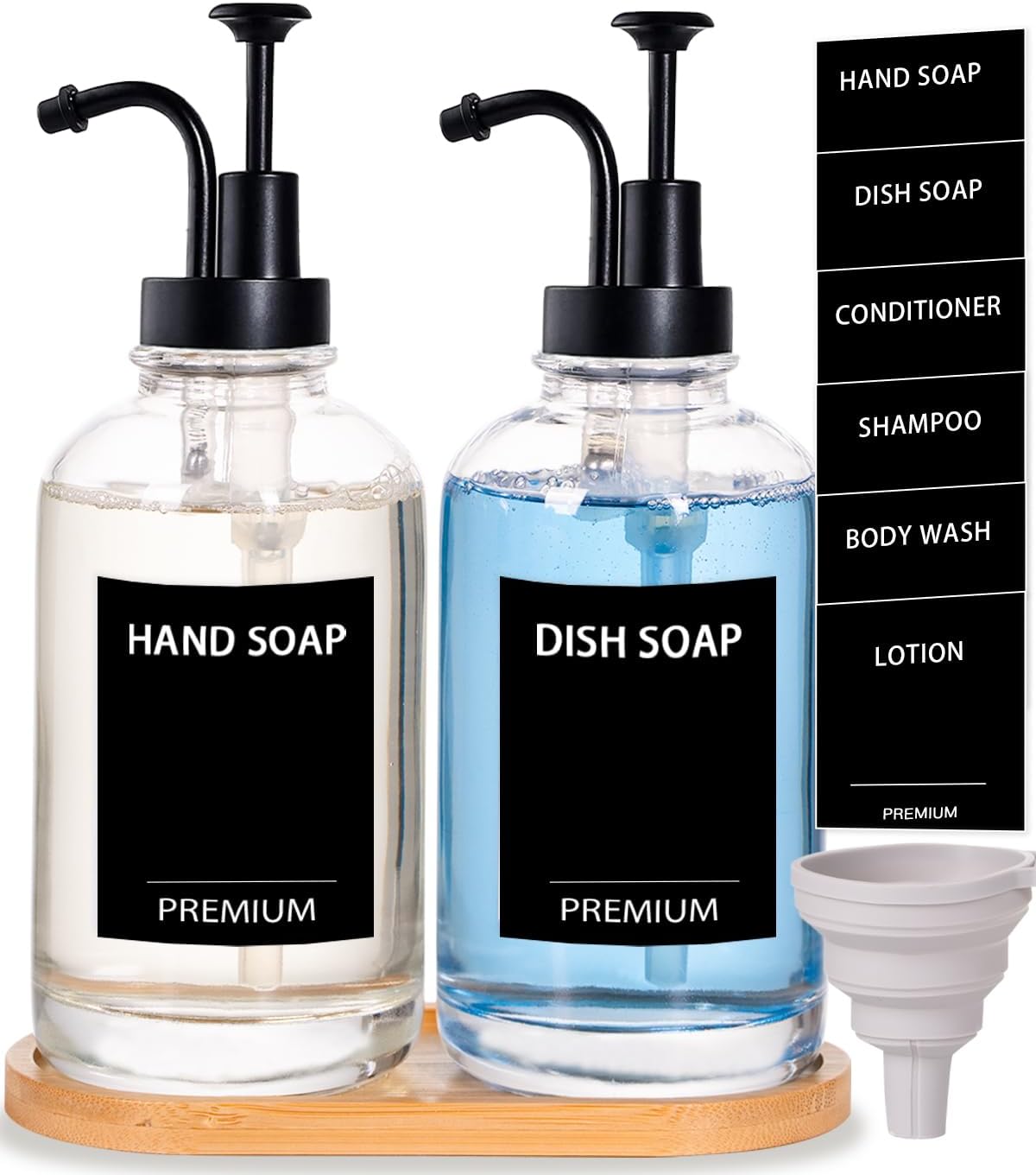 Dish Soap Dispenser for Kitchen, Hand Glass Soap Dispenser Set with Pump, Tray, Funnel for