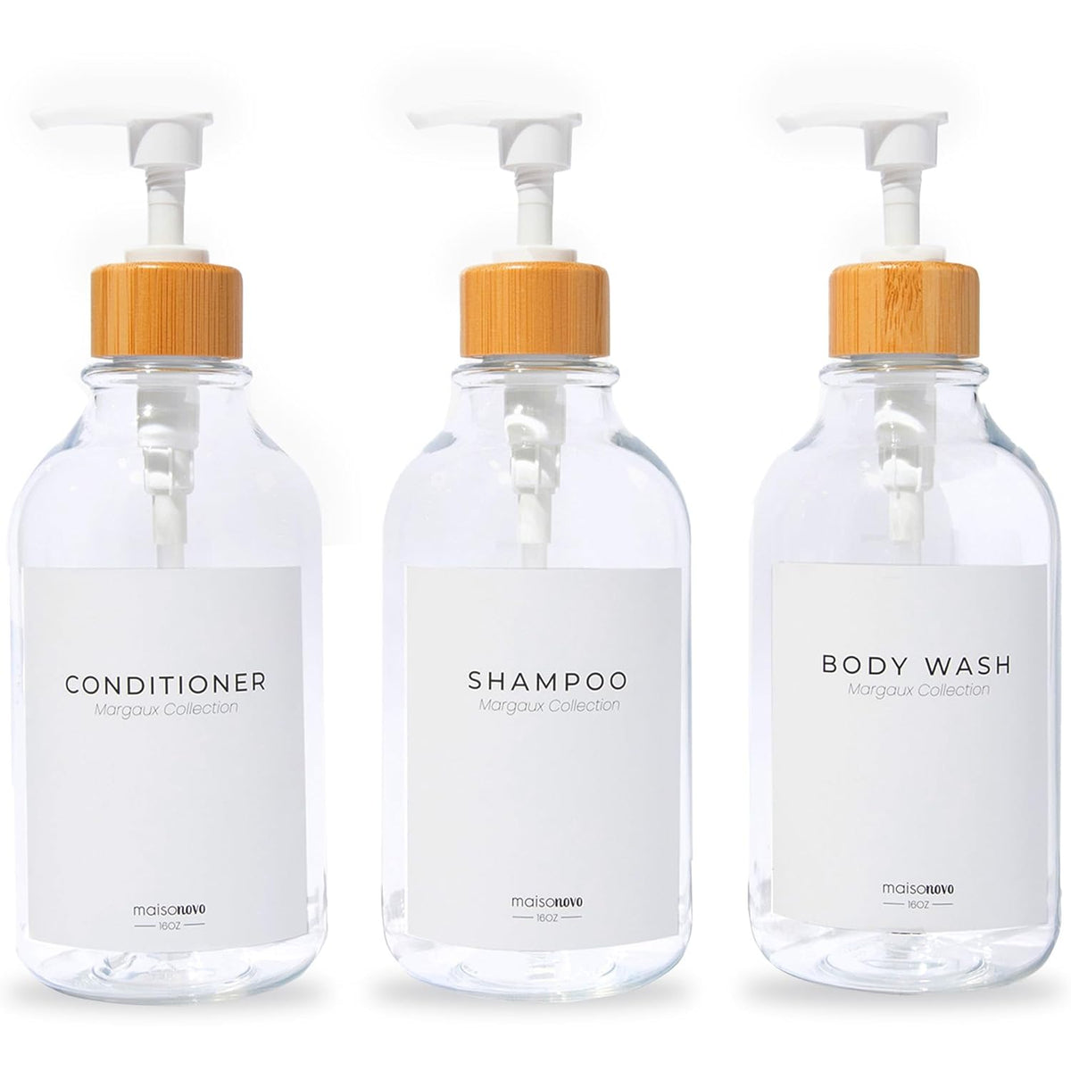 MaisoNovo Refillable Shampoo and Conditioner Bottles | 16.9 fl oz Set of 3 Clear Plastic Bottles