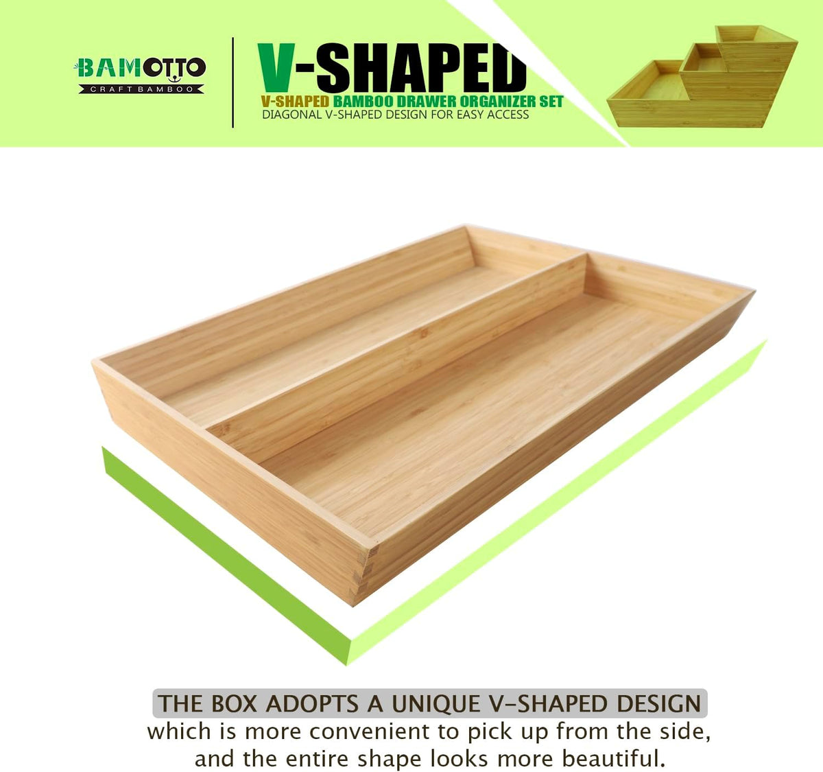 V-Shaped Bamboo Drawer Organizer Set of 3, Kitchen Large and Long Utensil Plate, Flatware &