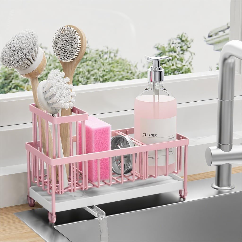 Cisily Pink Sponge Holder for Kitchen Sink, Sink Caddy Organizer with High Brush Holder, Countertop