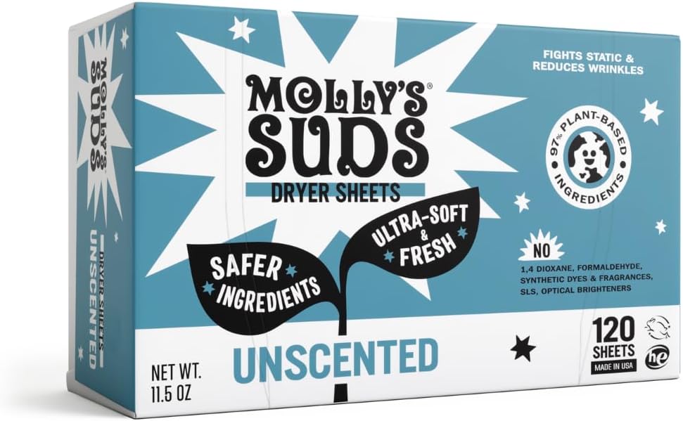 Molly's Suds Fabric Softener Dryer Sheets for Sensitive Skin | Plant-Based Static Reducer