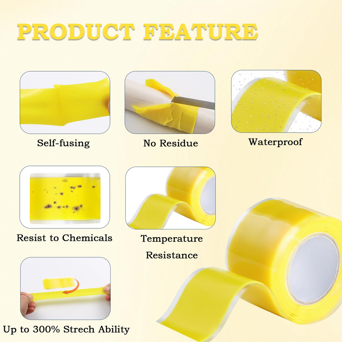Self Fusing Silicone Tape 1 in x 5' Yellow Waterproof Rubber Leak Proof Sealing Rubber