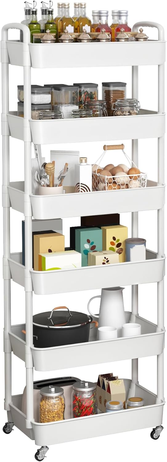 Sywhitta 6-Tier Plastic Rolling Utility Cart with Handle, Multi-Functional Storage Trolley for