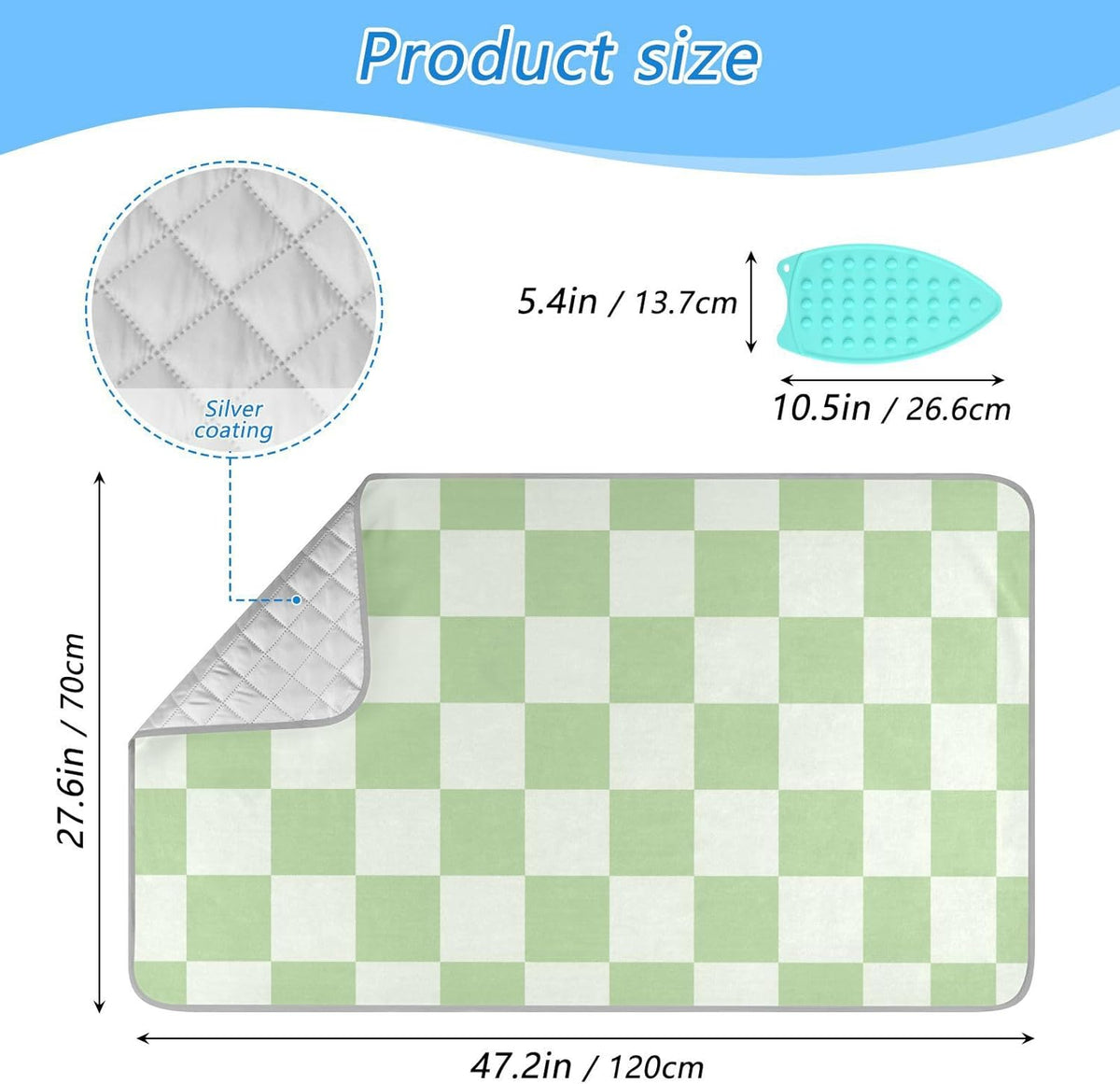 Checkered Mint Green White Plaid Ironing Mat for Table top Portable Ironing Pad Blanket for Washer