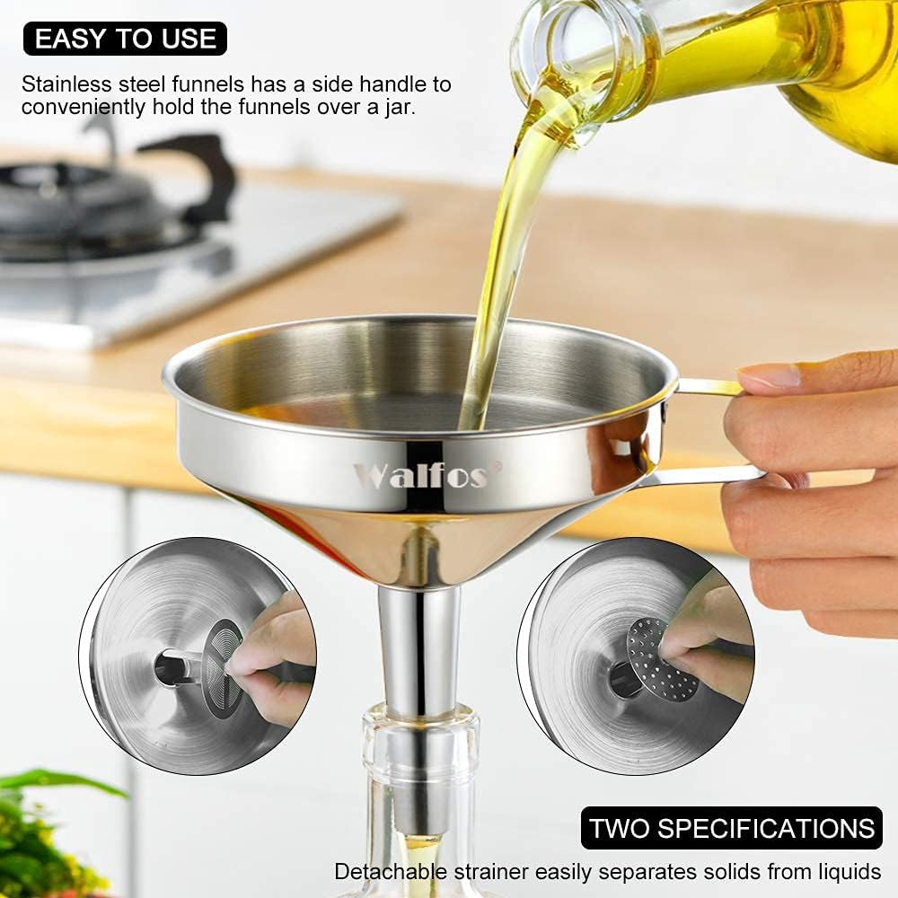 Large Stainless Steel Funnel, Walfos Kitchen Funnel with 2 Removable Strainer ＆ 1Pc Cleaning Brush